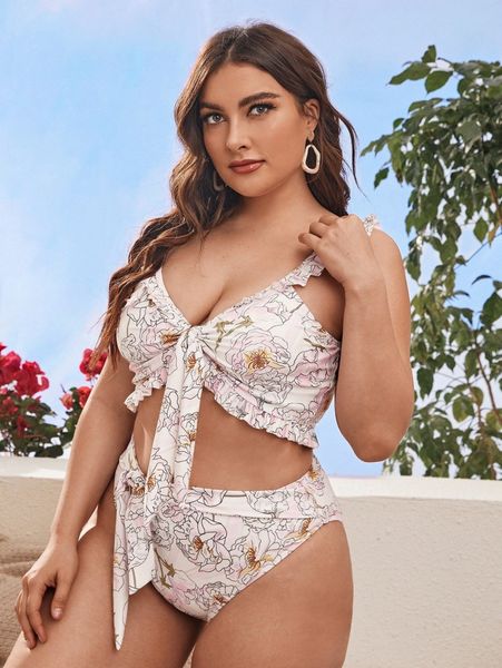 

plus floral frill knot bikini swimsuit a4j8#, Black