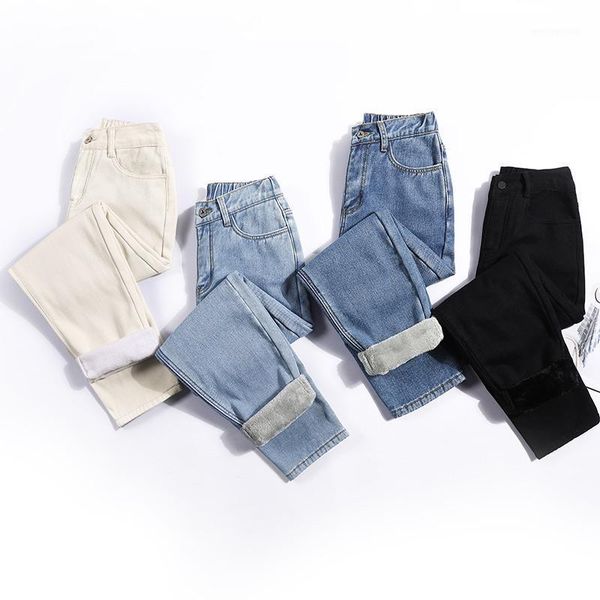 

women's jeans 2021 women mujer high waist solid fleece harem pants winter thicken denim trousers casual warm jean p95661, Blue