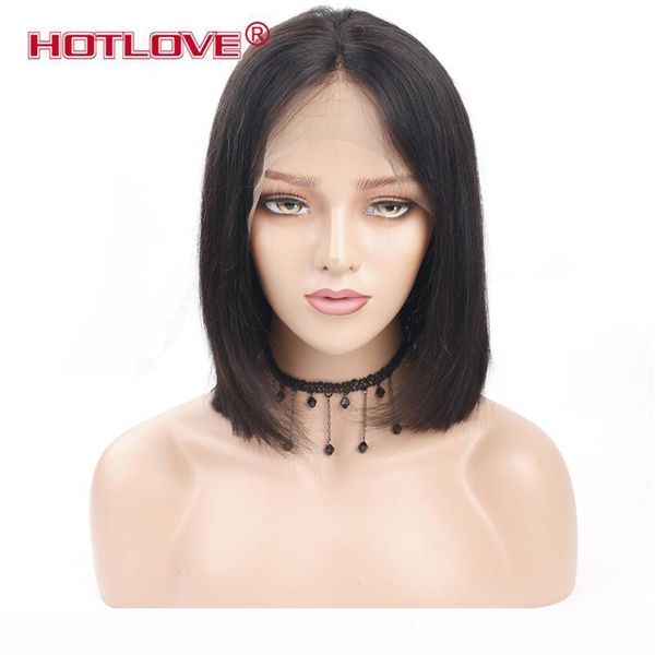 

4*4 short lace front human hair wigs for black women brazilian hair bob wig with baby hair pre plucked bleached knot natural color, Black;brown
