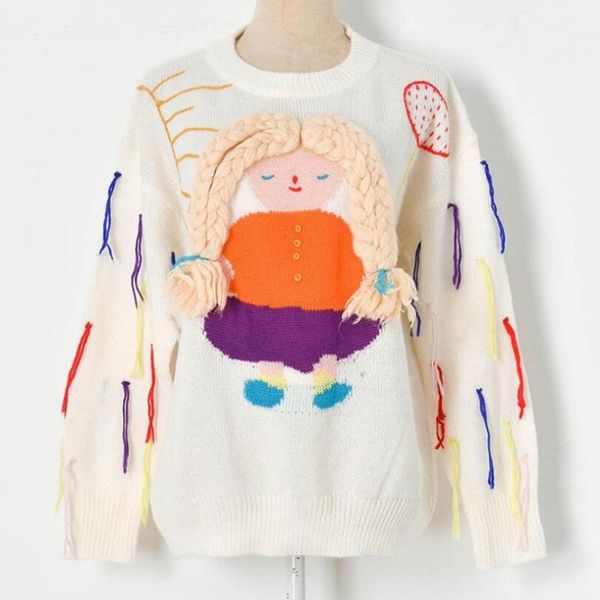 

cute oversize sweater women 2021 lazy oaf pullovers kawaii doll cartoon girl appliques color tassel loose white sweaters p2129, White;black