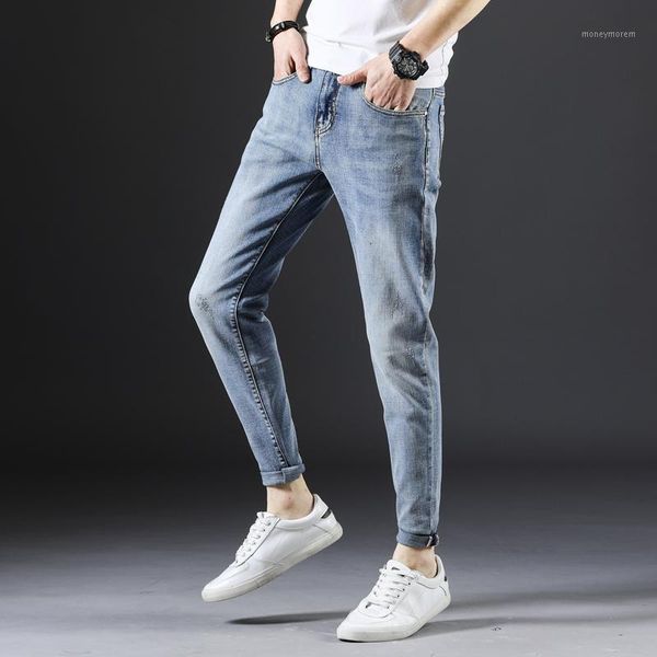 

men's jeans man washed ankle pants slim fit men's blue tide cool work loose stretch denim cotton trousers1