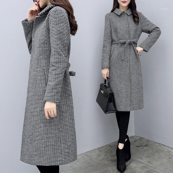 

2020 new spring autumn wool coat women long plaid houndstooth woolen female jacket elegant womens coats sobretudo kj7481, Black