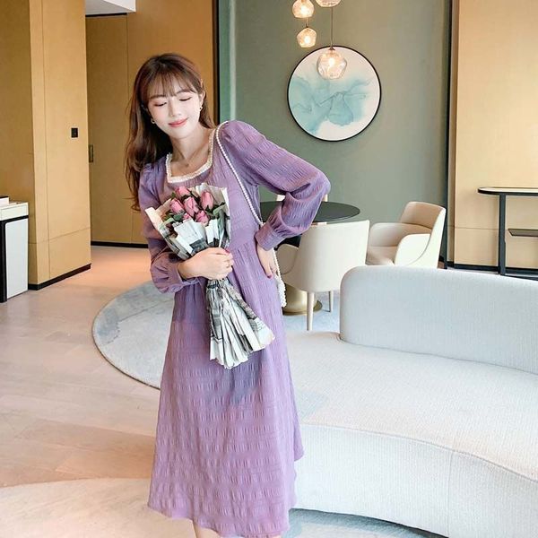 

2021 new retro solid square collar puff sleeve korean fashion clothing new high waist female dress women fall clothes gqjh, Black;gray
