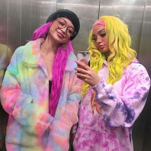 

winter tie dye pink faux fur coat women casual loose furry teddy bear jacket shaggy thick warm soft overcoat autumn1, Black