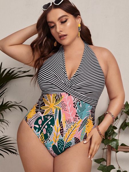 

plus tropical print & striped twist one piece swimsuit k0cr#, Black