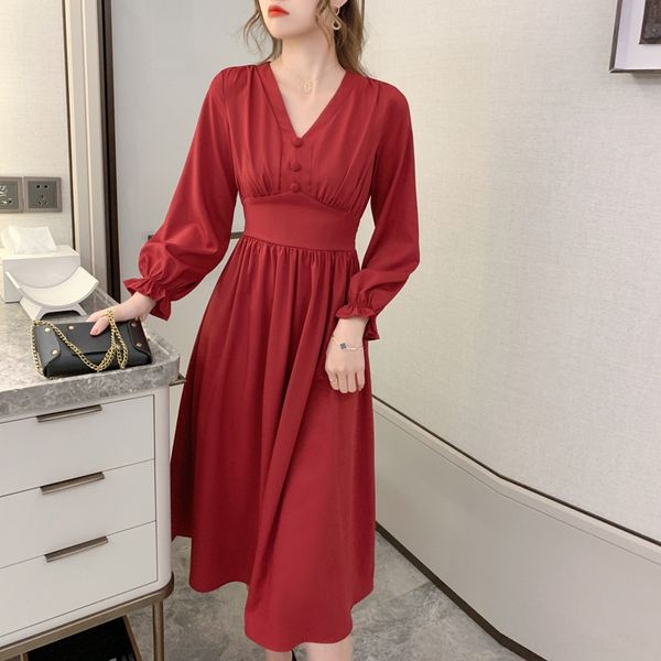 

autumn 2020 new slim skirtkorean style light mature temperament v-neck long sleeve fairy skirt waist slim skirt hdmmv, Black;gray