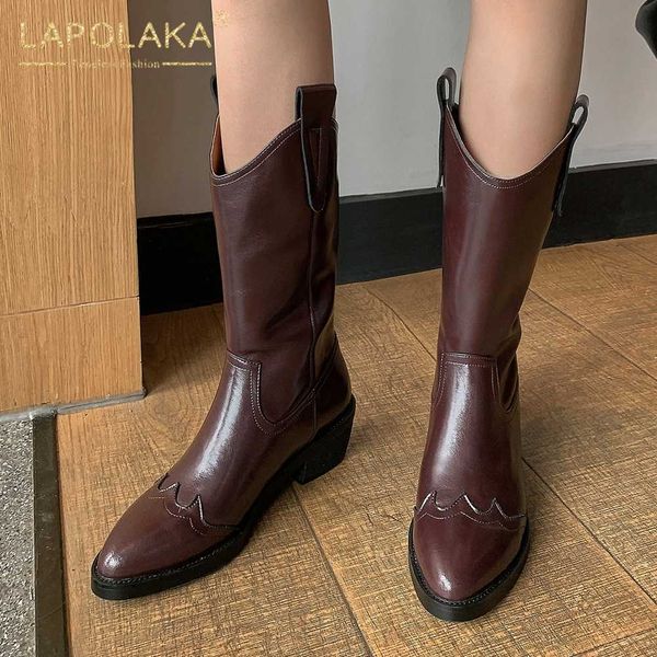 

lapolaka 2020 new design slip-on pointed toe mid calf boots woman shoes thick heels add fur spring autumn women boots female, Black