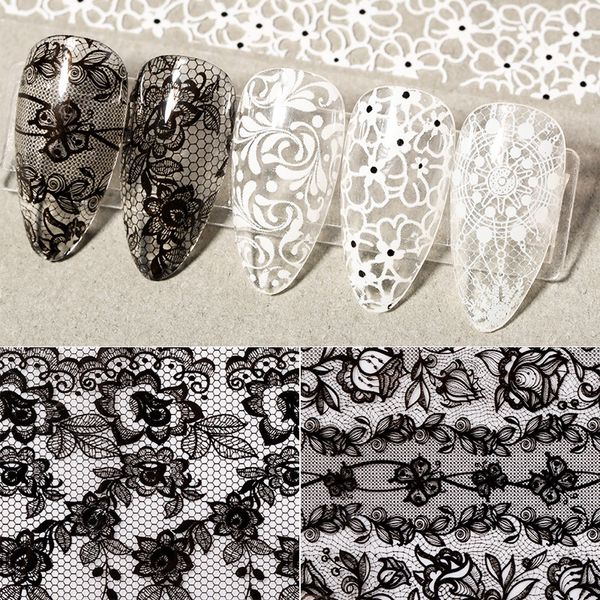 

16pcs/lot lace transfer foil black white nail stickers hollow flower sliders transparent decals wraps nail art decoration set
