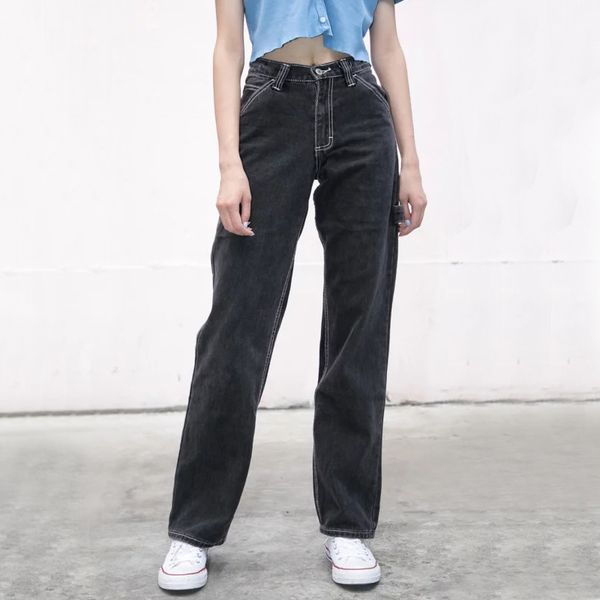 

women high-rise faded black denim jeans with white stitching straight leg denim pants, Blue