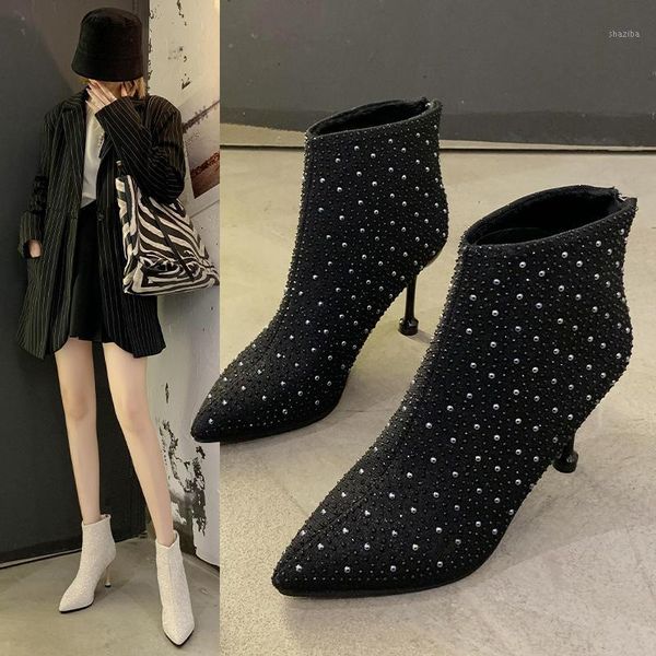 

boots women ankle plus size rhinestones high heels shoes woman zip pointed toe motorcycle for females sock1, Black