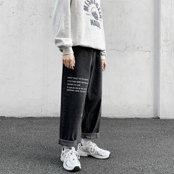 

2021 new 2021 men's straight harem woman graphic printed jeans korean streetwear man denim pants clothing wu0c, Blue