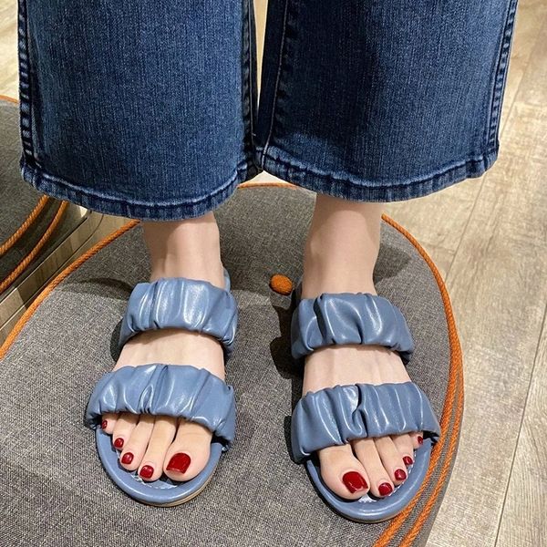 

rimocy solid color leather women pleated slippers summer fashion strap low heel sandals woman lightweight soft sole beach slides #8m8u, Black