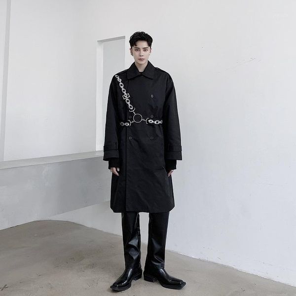 

men chain print straps long trenchcoat jacket male double-breasted loose casual trench coat windbreaker outerwear stage clothing1, Tan;black