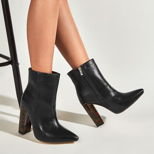 

boots winter women ankle fashion pointed toe zip square high heels pu leather female boot black party shoes1