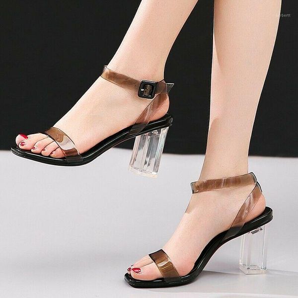 

sandals women transparent clear shoes block med heels ankle strap summer party1, Black