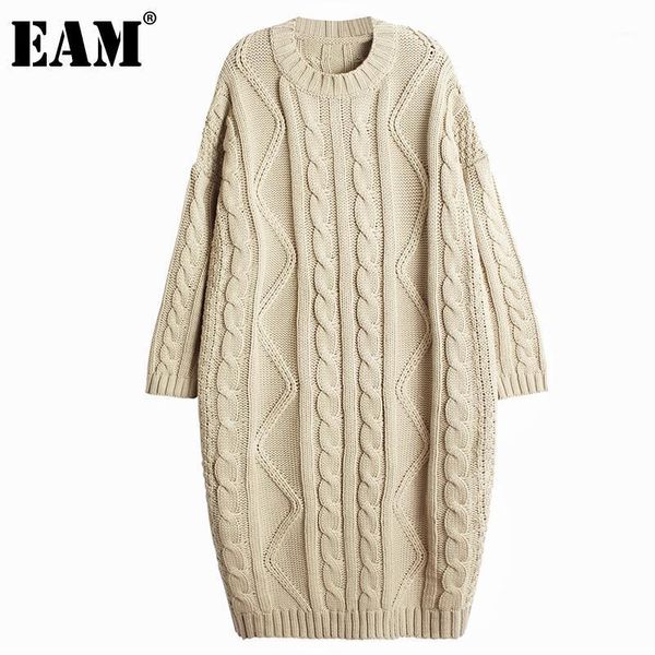 

eam] women apricot big size midi knitting dress new round neck long sleeve loose fit fashion tide spring autumn 2021 1dc8081, Black;gray