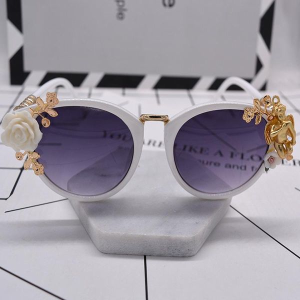 

sunglasses 2021 fashion baroque rose flower for women round sun glasses mirror angel eyewear feminino brand design, White;black