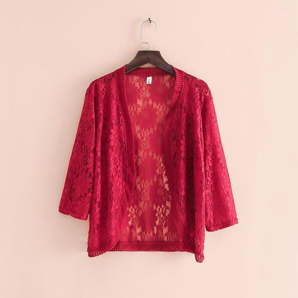 

lace femme cardigan black red white pink slim big size three quarter sleeve shawl 6xl slim feminina coat hollow solid flower, Black;brown