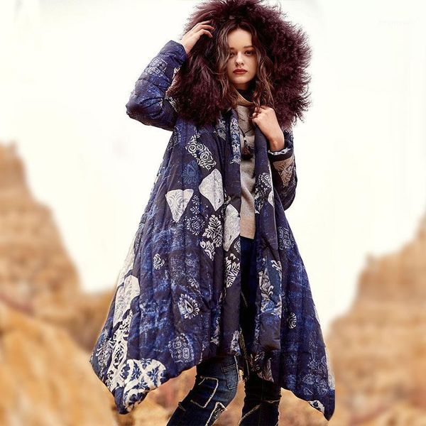 

artka 2018 winter women vintage print 90% white duck down sashes mongolia sheep fur collar irregular thick down jacket zk10675d1, Black