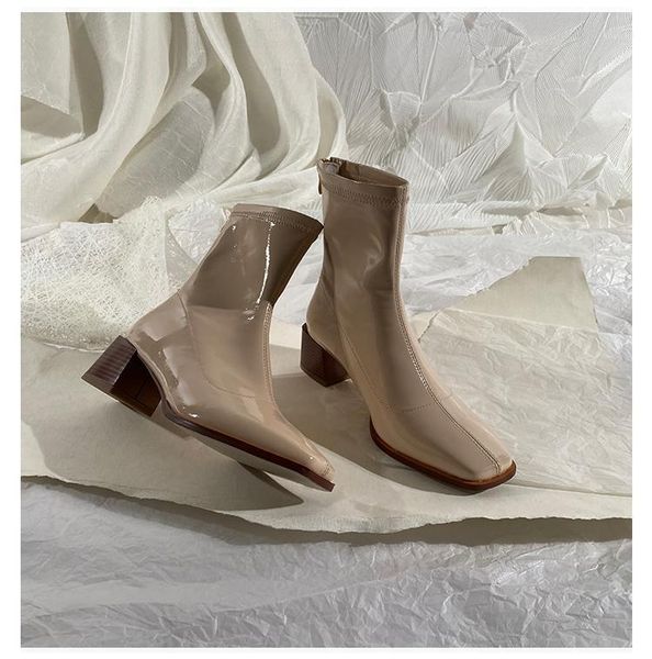

2020 autumn and winter square heel patent leather oxford sole zipper ankle boots nude color stretch thin women's fashion boots1, Black