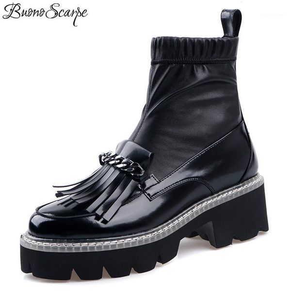 

boots buono scarpe metal chains women ankle elastic tassels short platform black punk shoes mujer ladies socks 20211