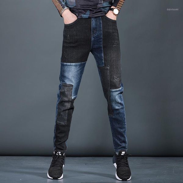 

fashion patchwork jeans men blue black slim fit stretch pencil pants1