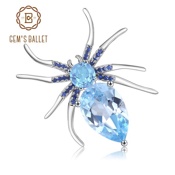 

gem's ballet 5.9ct natural sky blue z spider fine jewelry 925 sterling sliver brooches for women dresses brooch vintage 201009, Gray