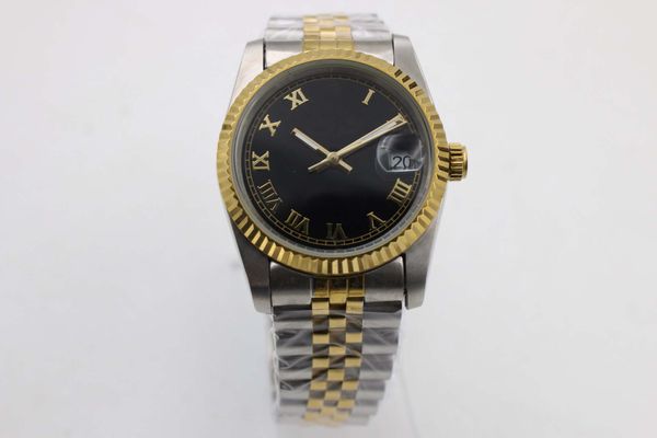 

classic mens sports watch just 36mm black roman dial automatic mechanical stainless steel strap old watch buckle wristwatch, Slivery;brown