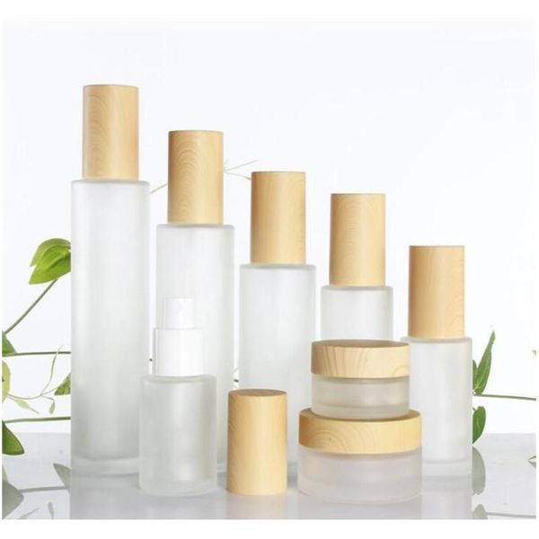 

20ml 30ml 40ml 50ml 60ml 80ml 100ml frosted glass cream jar with imitated wooden lids cap lotion spray bottle cosmetic container jar