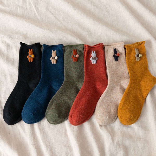 

autumn and winter thickened warm wool curled edge sewing cute three-dimensional cartoon rabbit middle tube female socks, Black;white