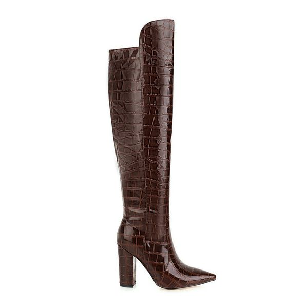 

2021 new over the knee pu leather pointed toe long boots square high heel keep warm winter women shoes size 34-43 9m9i, Black