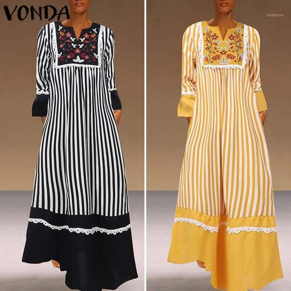 

vonda women bohemian floral printed dress vintage striped patchwork party long dress casual robe 2020 autumn vestidos plus size1, Black;gray