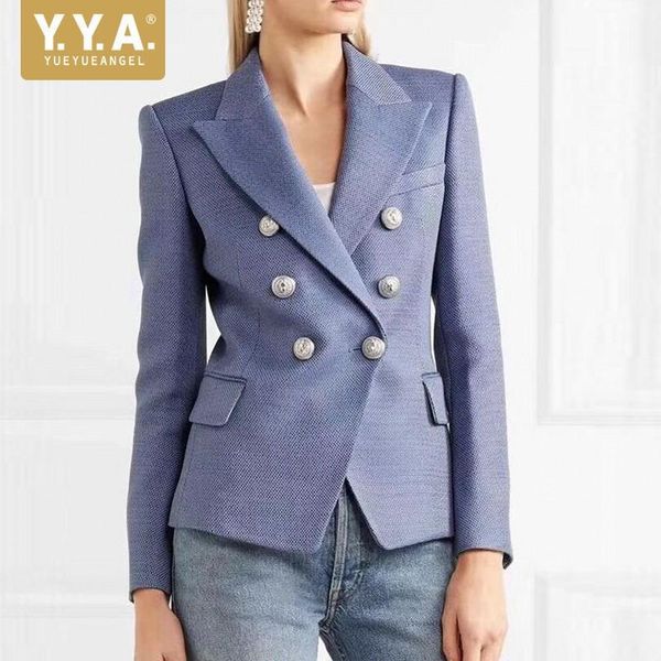 

fashion women blazers notched collar double breasted slim fit jacket metal button office ladies workwear blazer 1, White;black