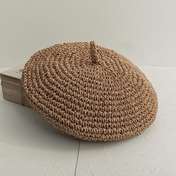 

berets summer stylish pure color outdoor hand knitted paper straw beret vintage breathable artist durable elegant travel painter hat, Blue;gray