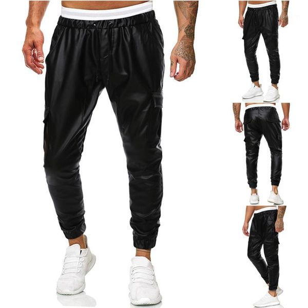 

fashion elastic faux leather men cargo pants trousers multi-pockets leather joggers sweatpants streetwear pantalones hombre xxl1, Black
