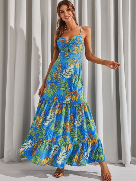 

luukse twist tropical print knot detail tapered hem dress m8pn#, Black;gray