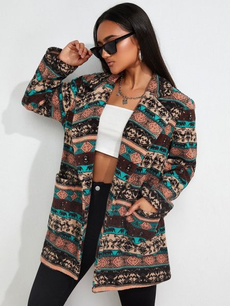 

lapel neck elephant & geo print dual pocket teddy jacket n7xe#, Black;brown