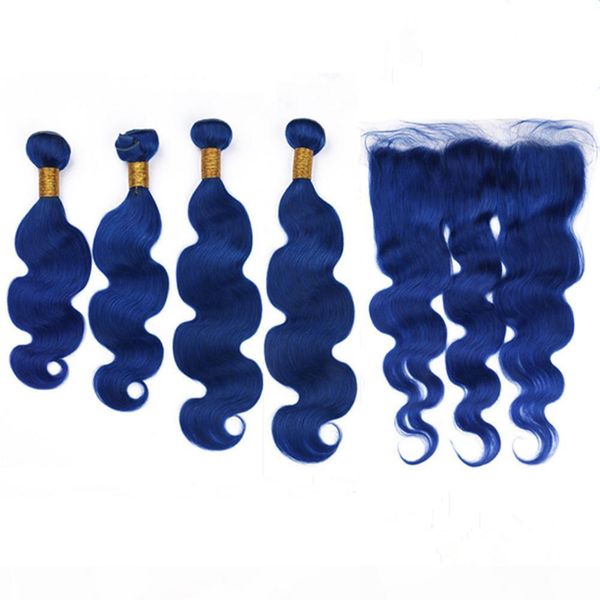 

virgin malaysian human hair dark blue body wave 4bundles with frontal closure 13x4 pure blue wavy hair wefts with full lace frontal, Black;brown
