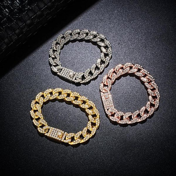 

link, chain shuangr punk men's bracelet miami cuban link gold iced out paved rhinestones male wristband street men jewelry, Black