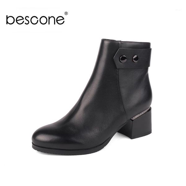 

boots bescone winter ladies comfortable round toe high heel shoes quality genuine leather square women bc4571, Black