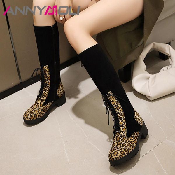 

annymoli leopard knee high boots high heel woman boots zipper block heel shoes lace up female long autumn winter black 43