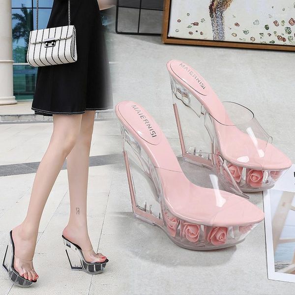 

slippers transparent high heels 12cm crystal shoes thick-soled wedge flower lady1, Black