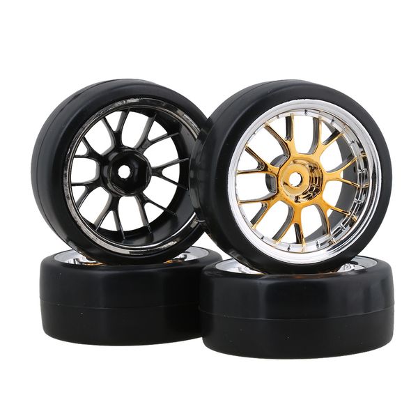 

mxfans drift smooth tyres and yellow plating y shape wheel rims for rc 1:10 on road racing car pack of 4