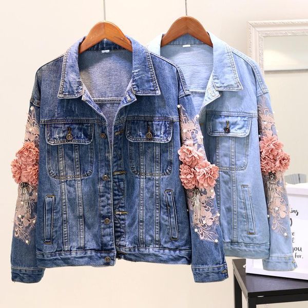 

2020 new spring autumn women's flower beaded embroidery denim coat female casual blue jeans jacket loose outwear1, Black;brown