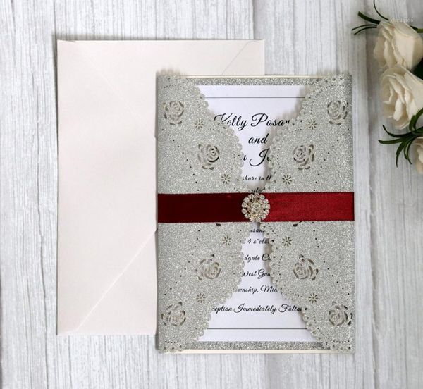 

laser cut rose flower invitation card glitter paper wedding invitation cards1