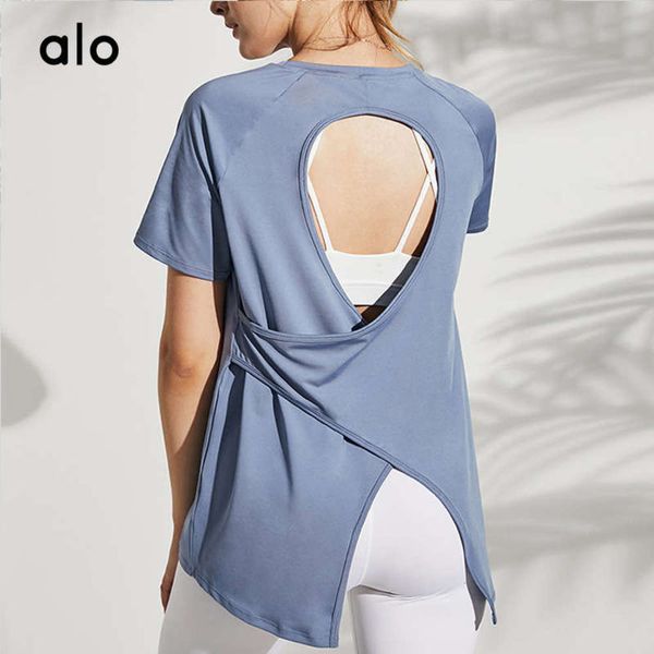 

yoga women's sportswear short sleeve alo running suit t-shirt loose fit up summer, Gray