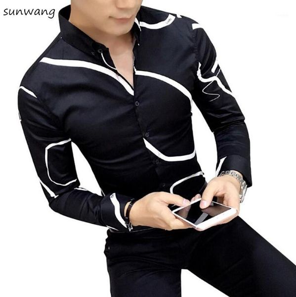 

2019 spring new fashion individuality geometric patterns graphic male long-sleeve shirt slim casual shirt men's clothing men, White;black