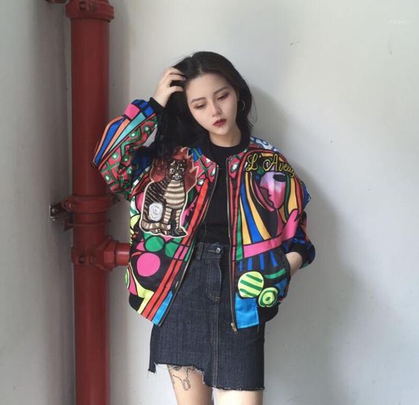 

2019 autumn women's jacket trend graffiti embroidery cat patch printing short coat loose zipper jacket female coat1, Black;brown
