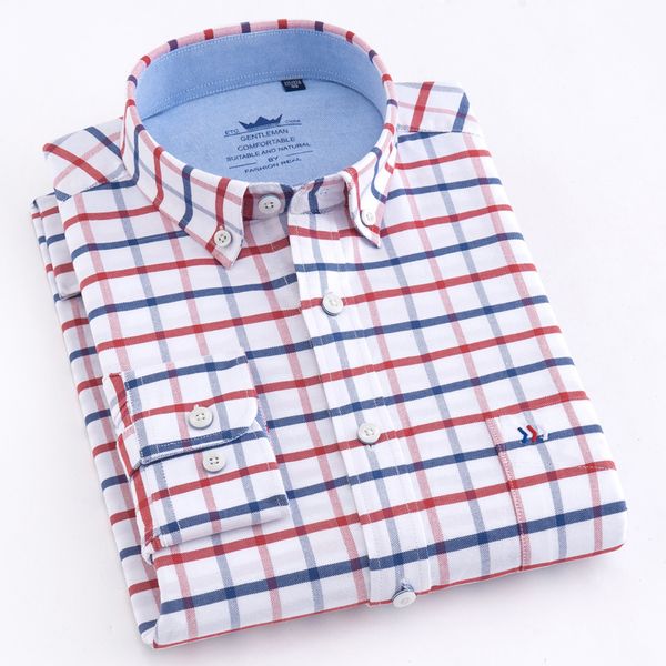 

men's casual thick oxford cotton plaid striped shirts single patch pocket long sleeve standard-fit button-down checkered shirt 1022, White;black