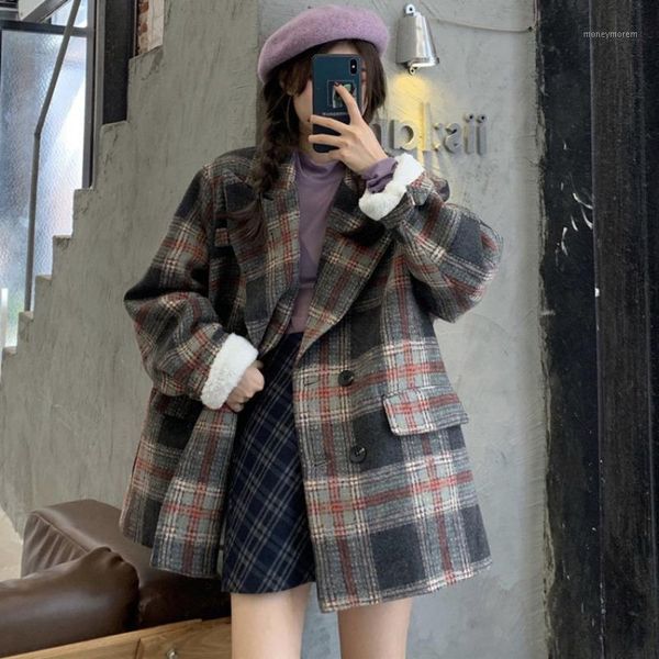 

women's wool & blends fall / winter 2021 korean loose and thickened retro plaid coat women's design suit woolen coat1, Black